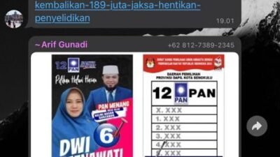 Arif Gunadi lantaran menyebarkan pamflet berbentuk surat suara salah satu calon DPRD Provinsi Bengkulu, yang notabene merupakan istrinya sendiri